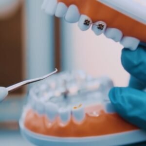a person in blue gloves holding a toothbrush